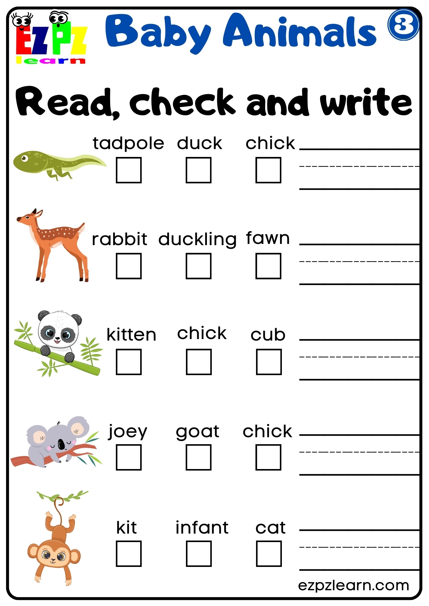 Baby Animals Vocabulary Read Check And Write The Words Activity For English Language Learners Preschool And Kindergarten Students Free Download 3 Ezpzlearn