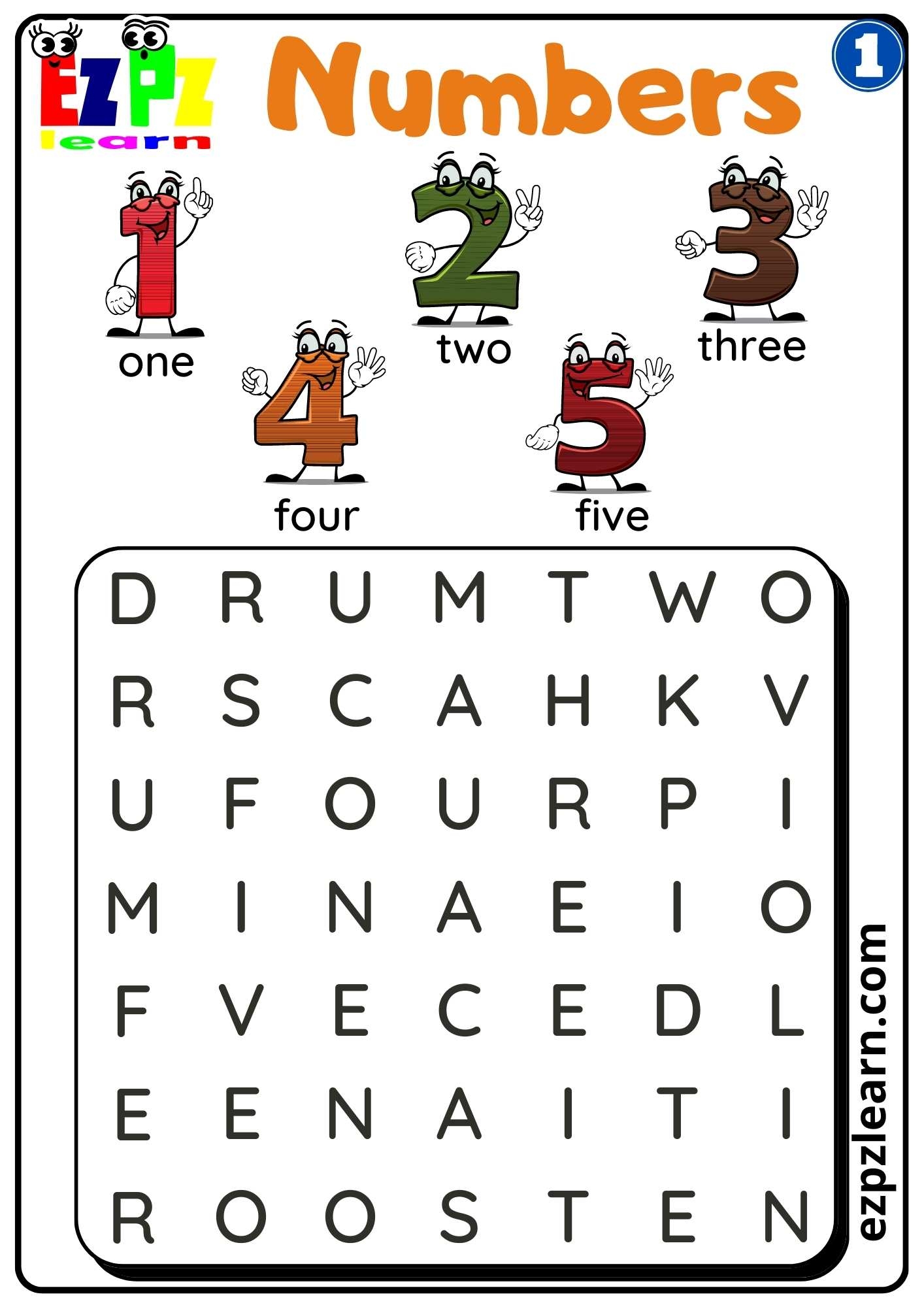 G1 Numbers Word Search Worksheet For Kindergarten And ESL Students Free Download Ezpzlearn - Esl Worksheets For Kindergarten