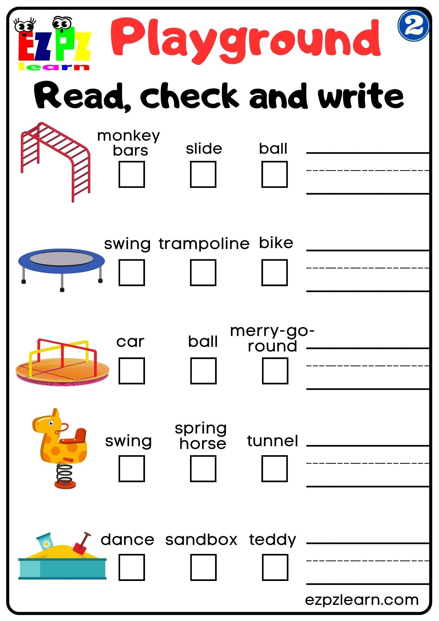 Playground Vocabulary 2 Read Check And Write Worksheet For Kindergarten And ESL Students Free Download Ezpzlearn