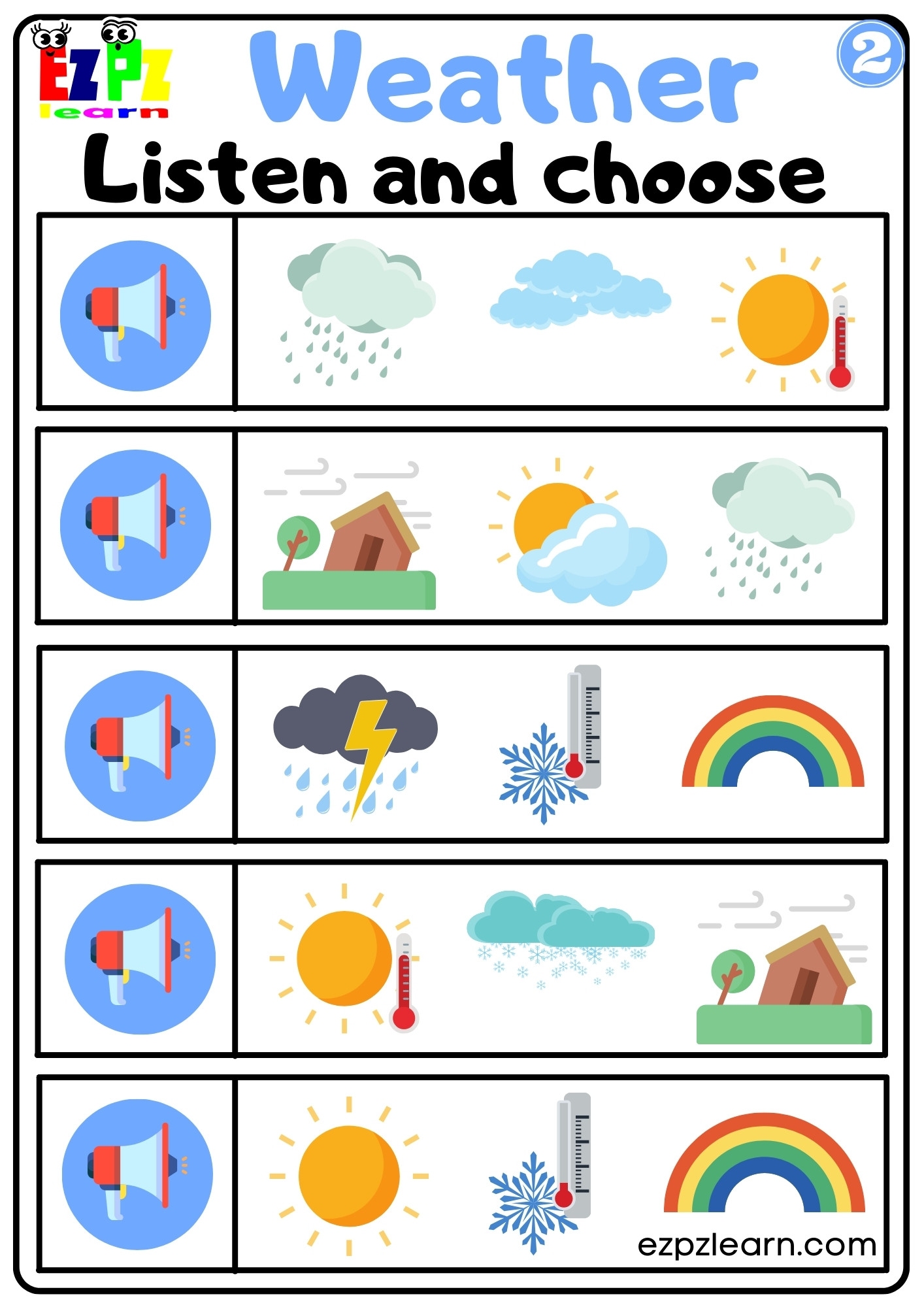 Weather Vocabulary Interactive Worksheet Listen And Choose The Correct Images Activity For Kindergarten And ESL Students G2 Ezpzlearn - How Is The Weather Worksheet For Kindergarten