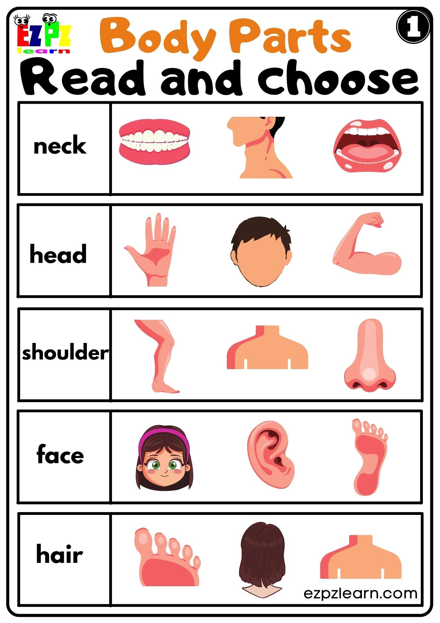 Body Parts Read And Choose Worksheets For Kids And ESL PDF Download Set 1 Ezpzlearn - Parts Of The Body Kindergarten Worksheets