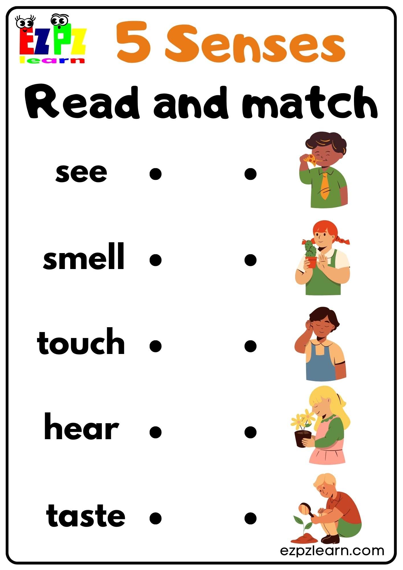 Five Senses Read And Match Worksheet For Kindergarten And ESL Students Free Download Ezpzlearn - Kindergarten 5 Senses Worksheets