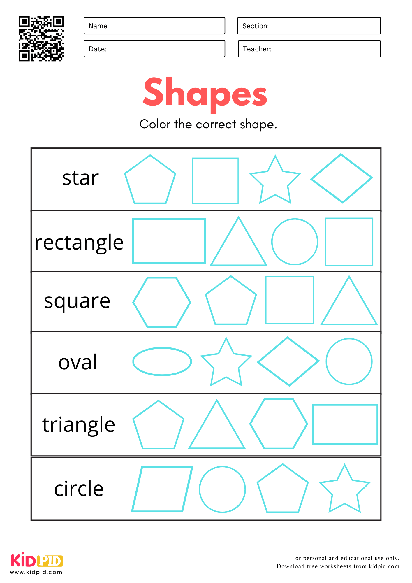 2D Shapes Worksheets For Kindergarten
