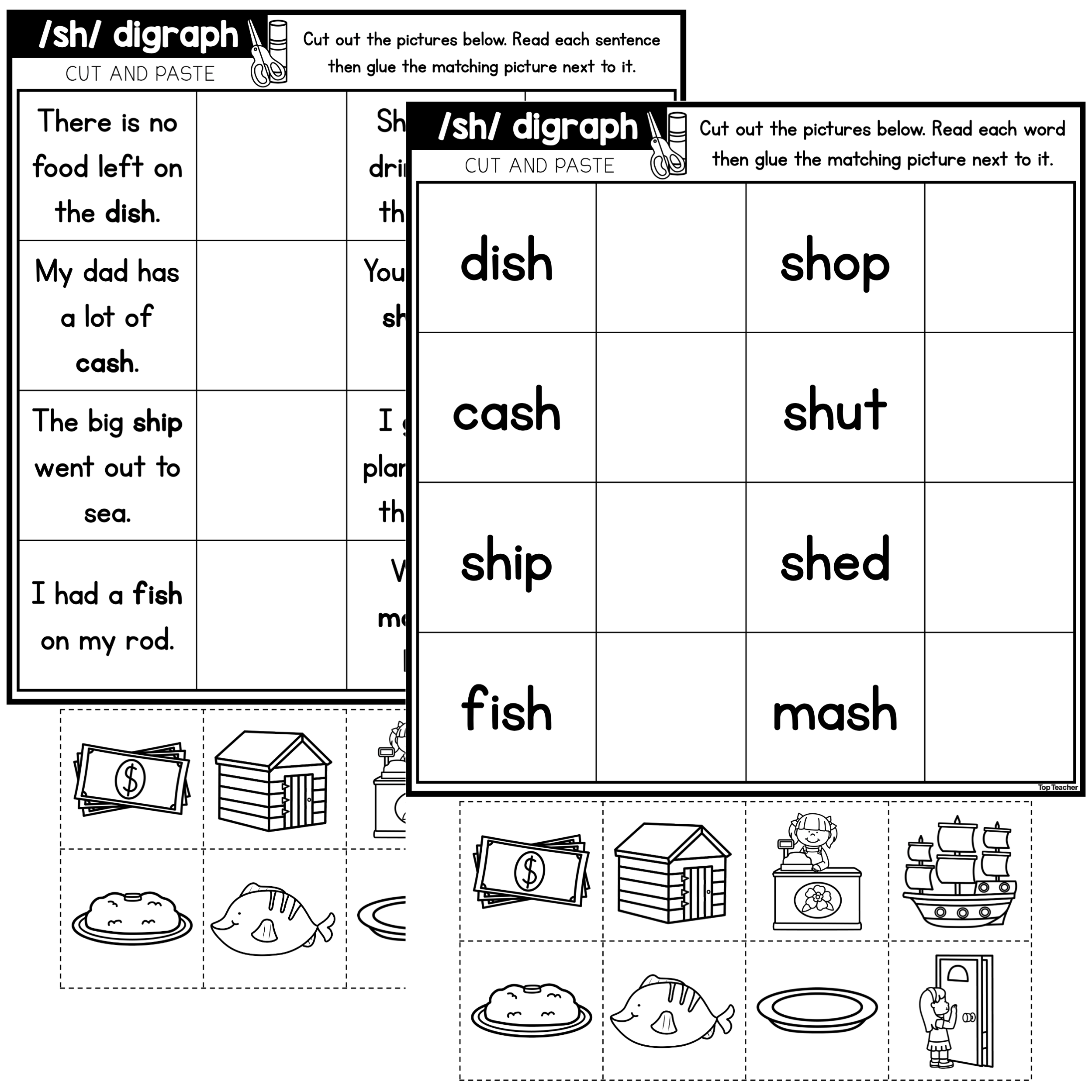 SH Digraph Cut Paste Worksheets Top Teacher