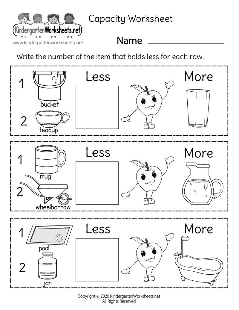 Capacity Worksheet For Kindergarten Kindergarten Worksheets