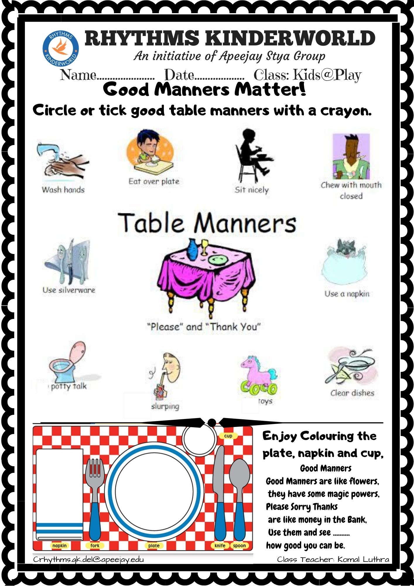 Good Manners Worksheet For Kindergarten Kindergarten Worksheets